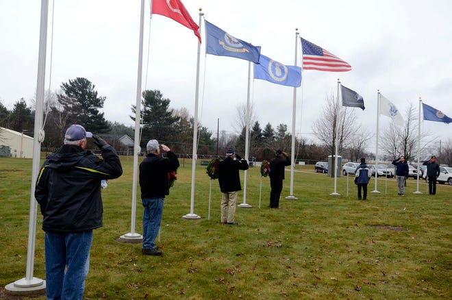 Veterans salute near a row of flagpoles.